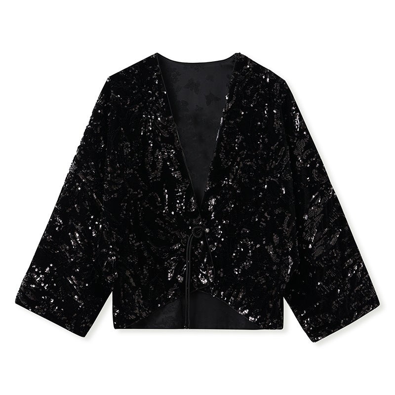 Yailla New Versatile Autumn/Winter Chinese Style Suit Elegant and Retro-Chic Look High-End Sequined Heavy Embroidery Top V-Neck Cotton Coat + Slip Dress Niche Design Tang Coat Suit - Image 1